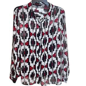 Liz Claiborne Sheer Button Up Blouse Sz XL Attached Tank Long Sleeves Pleated